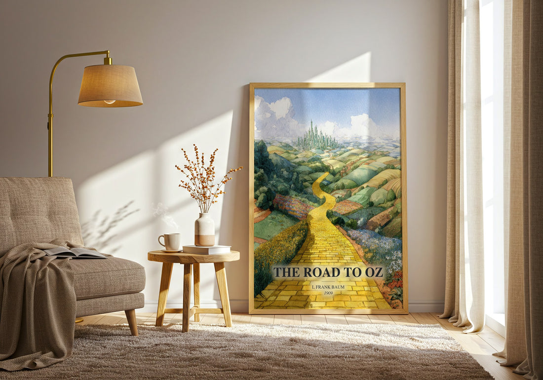 The Road To Oz watercolour print in frame leaning in hallway – childrens wall art (mockup)