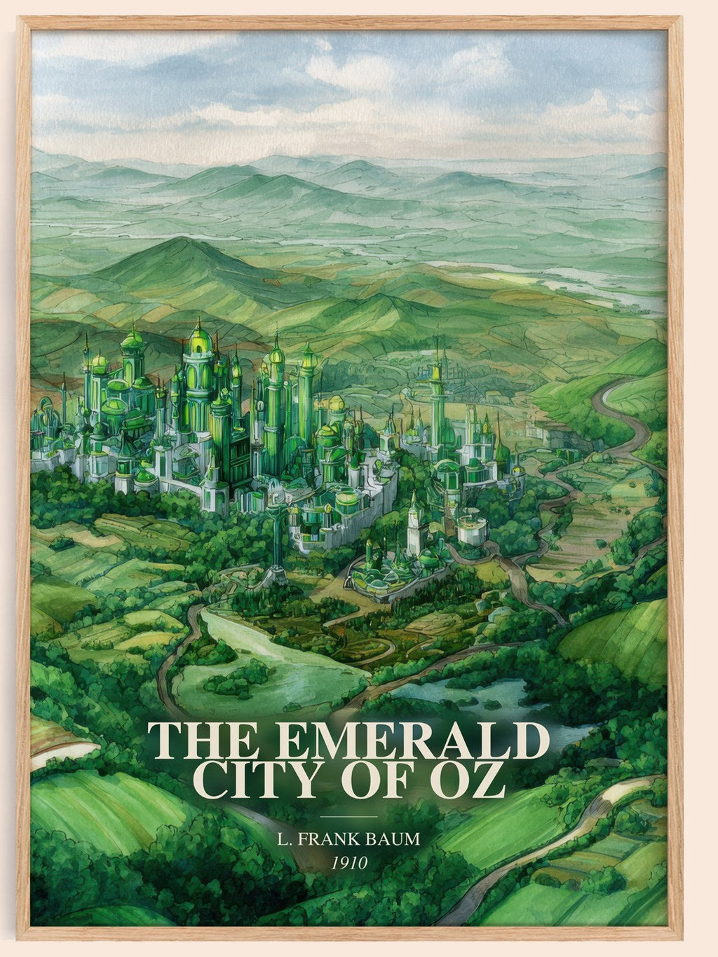 The Emerald City Of Oz watercolour book poster by L. Frank Baum – framed literary art print