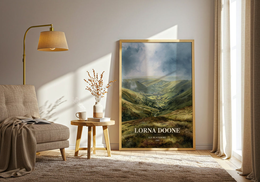 Lorna Doone watercolour print in frame leaning in hallway – historical fiction wall art (mockup)