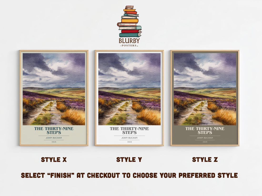 The Thirty-Nine Steps book cover print in frame leaning in hallway – classic literature wall art (mockup)