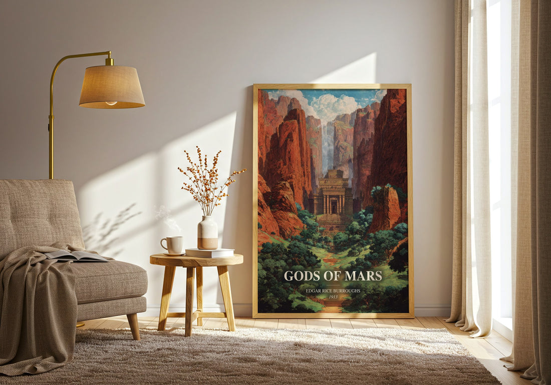 Gods Of Mars watercolour print in frame leaning in hallway – sci fi wall art (mockup)