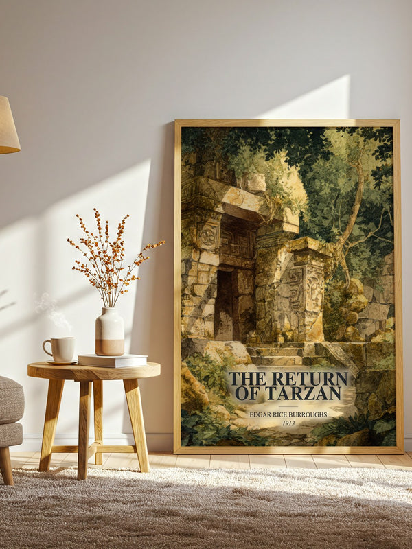 The Return Of Tarzan watercolour print in frame leaning in hallway – adventure wall art