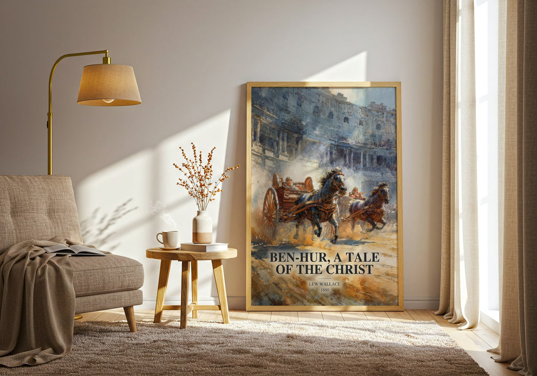 Ben-Hur, A Tale Of The Christ watercolour print in frame leaning in hallway – historical fiction wall art (mockup)