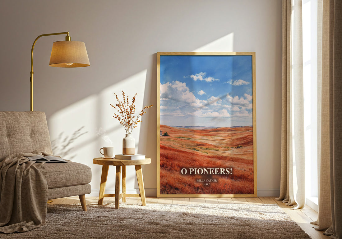 O Pioneers! watercolour print in frame leaning in hallway – classic literature wall art (mockup)