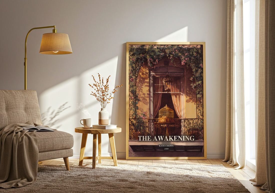The Awakening watercolour print in frame leaning in hallway – classic literature wall art (mockup)