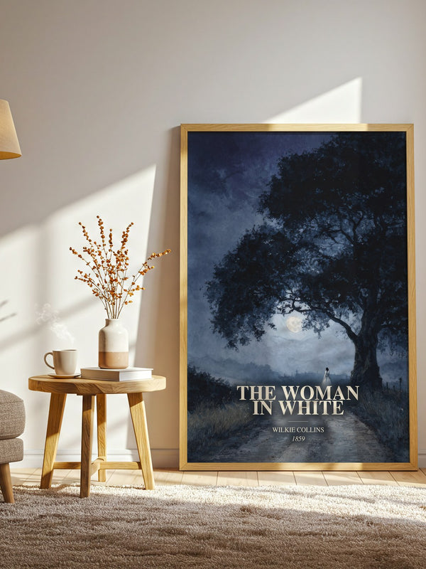 The Woman In White watercolour print in frame leaning in hallway – mystery wall art