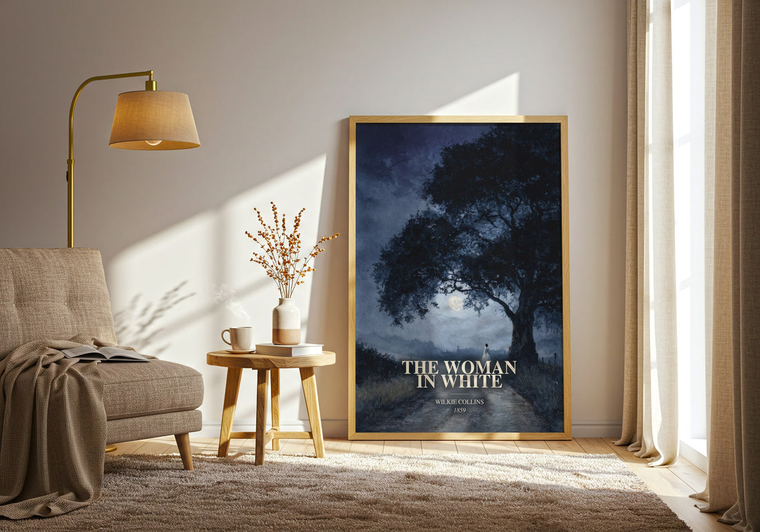 The Woman In White watercolour print in frame leaning in hallway – mystery wall art (mockup)