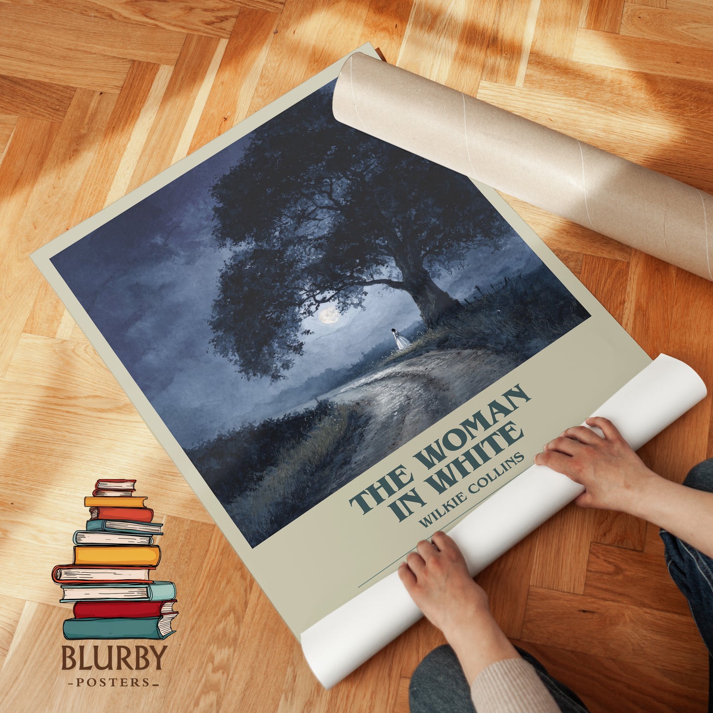 The Woman In White bookish print on bookshelf – Wilkie Collins fan gift