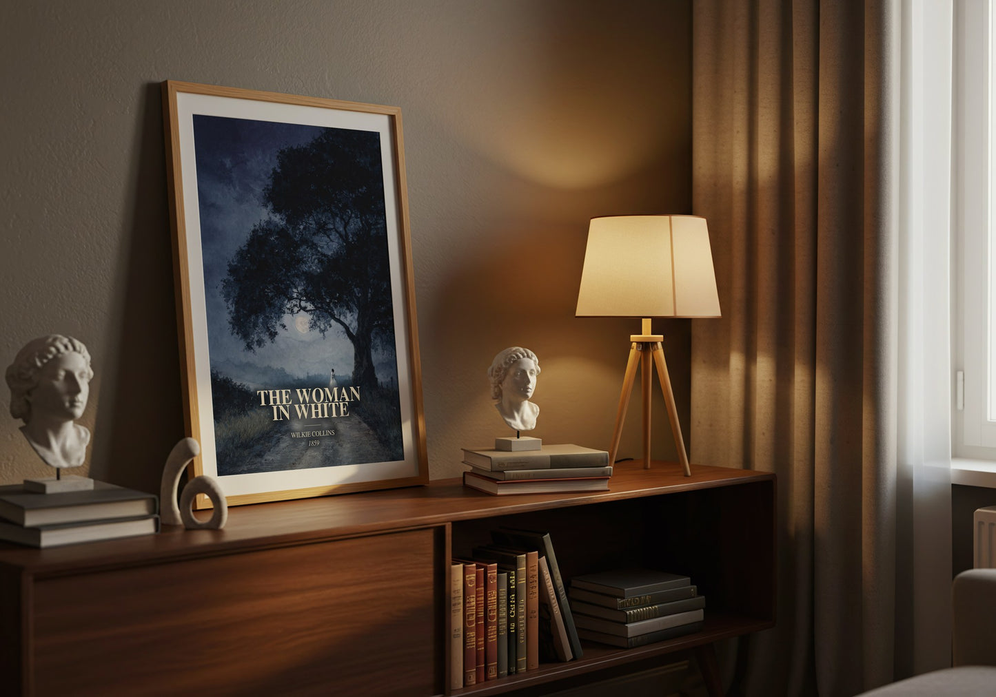 The Woman In White watercolour print on bookshelf – Wilkie Collins fan gift