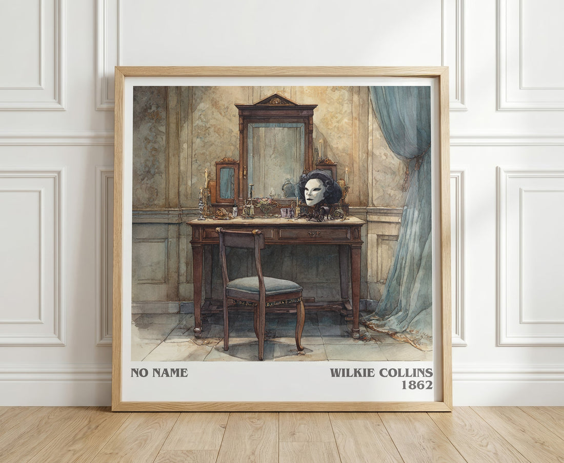 No Name literary print in frame leaning in hallway – classic literature wall art (mockup)