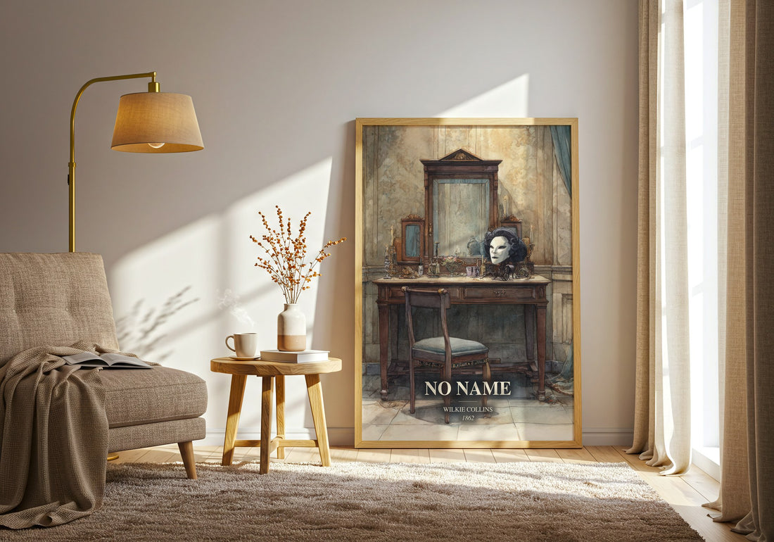 No Name watercolour print in frame leaning in hallway – mystery wall art (mockup)