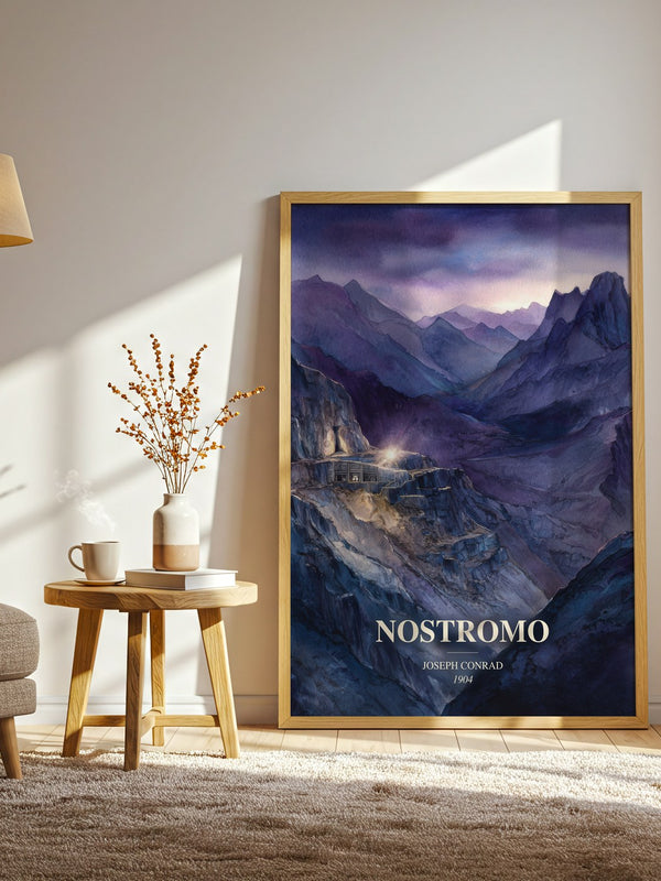 Nostromo watercolour print in frame leaning in hallway – classic literature wall art