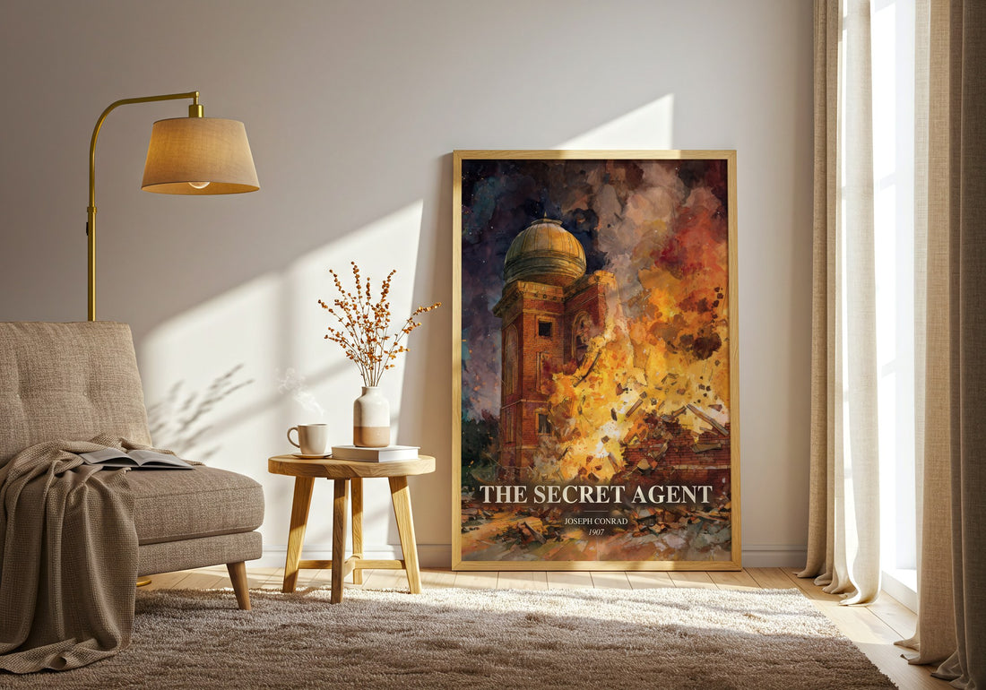 The Secret Agent watercolour print in frame leaning in hallway – classic literature wall art (mockup)