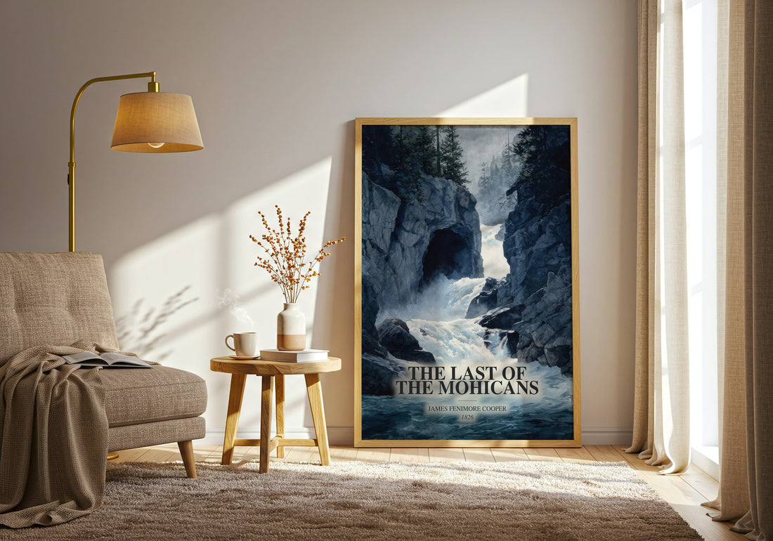 The Last Of The Mohicans watercolour print in frame leaning in hallway – historical fiction wall art (mockup)