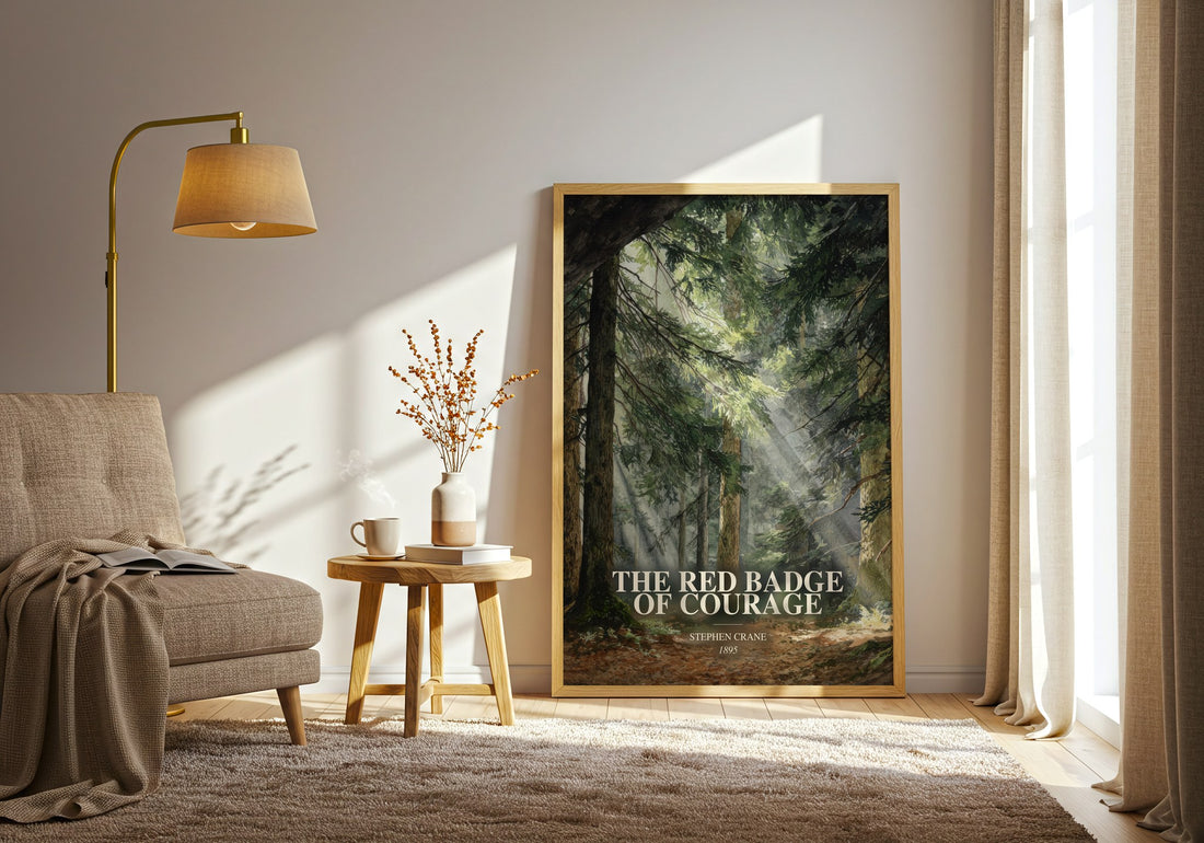 The Red Badge Of Courage watercolour print in frame leaning in hallway – historical fiction wall art (mockup)
