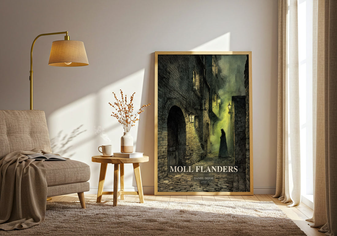 Moll Flanders watercolour print in frame leaning in hallway – classic literature wall art (mockup)