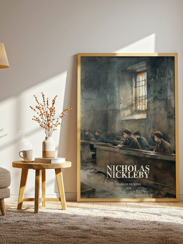 Nicholas Nickleby watercolour print in frame leaning in hallway – classic literature wall art