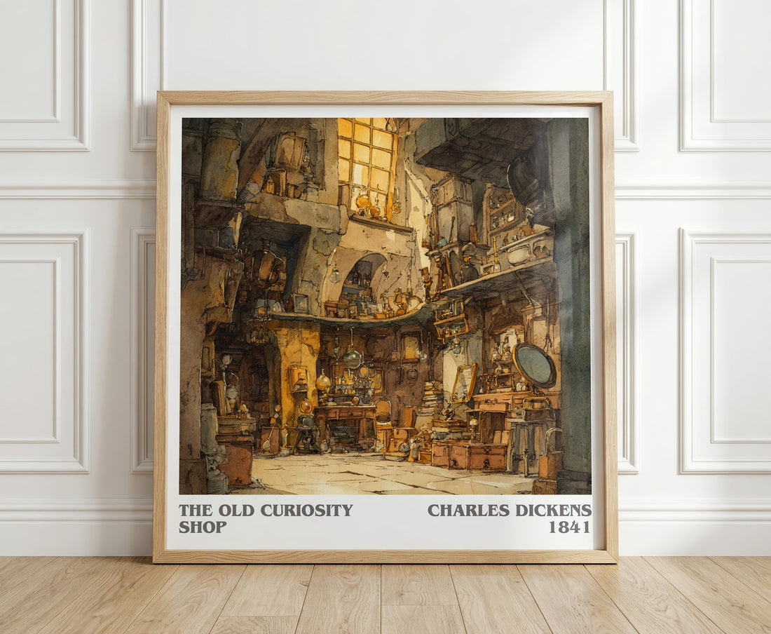 The Old Curiosity Shop literary print in frame leaning in hallway – classic literature wall art (mockup)