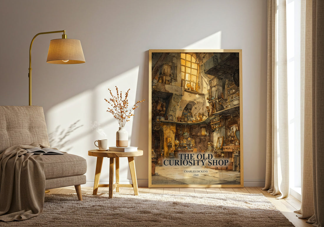 The Old Curiosity Shop watercolour print in frame leaning in hallway – classic literature wall art (mockup)