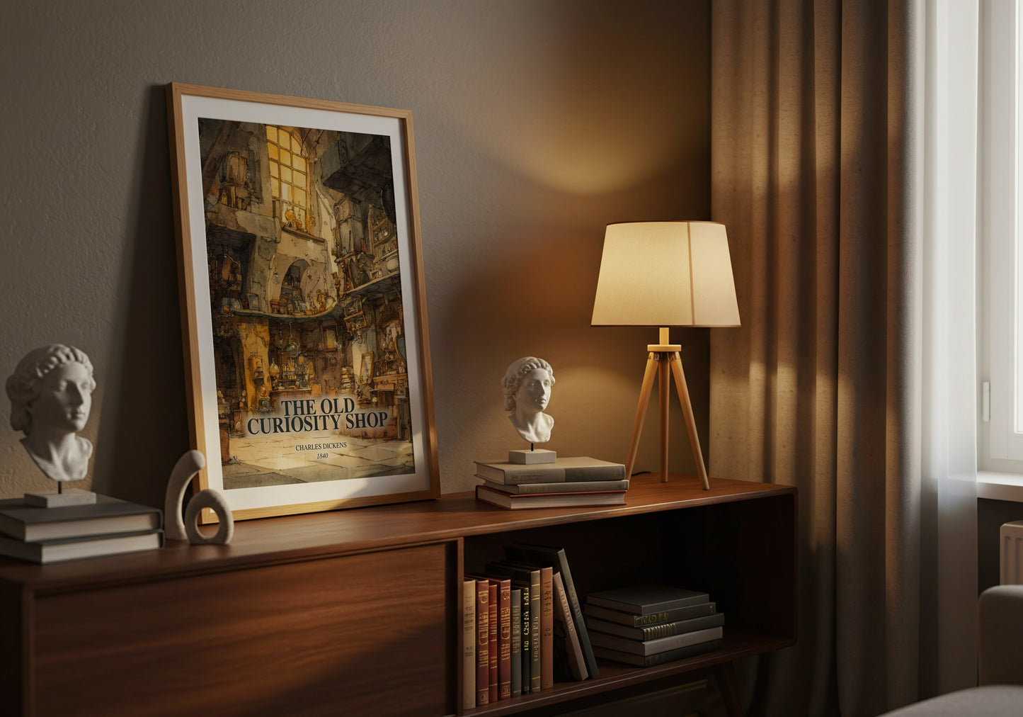 The Old Curiosity Shop watercolour print on bookshelf – Charles Dickens fan gift