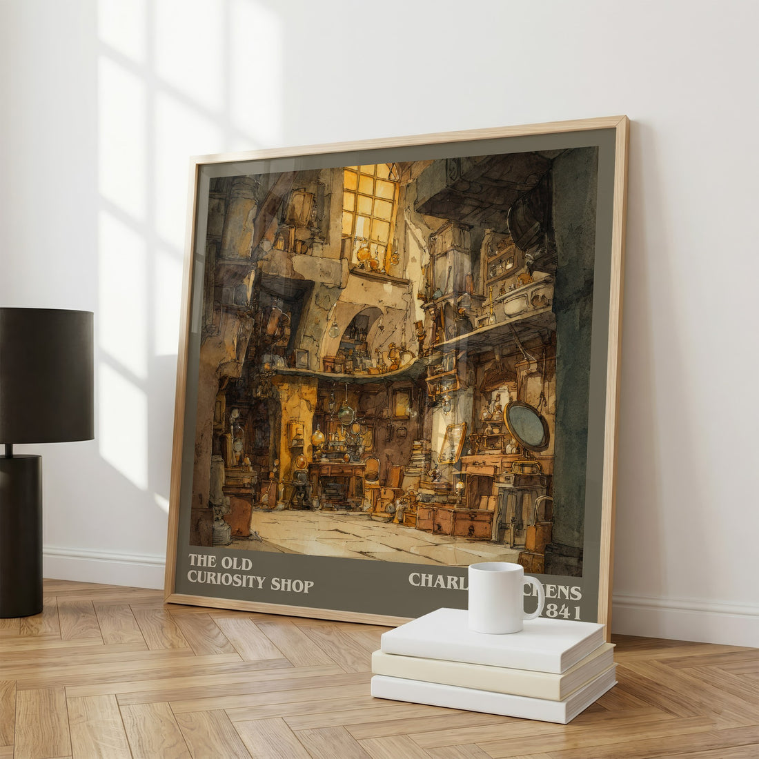 The Old Curiosity Shop Literary Art Print by Charles Dickens – large square framed print leaning against a wall