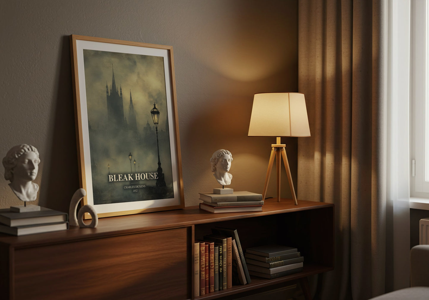 Bleak House watercolour print on bookshelf – Charles Dickens fan gift