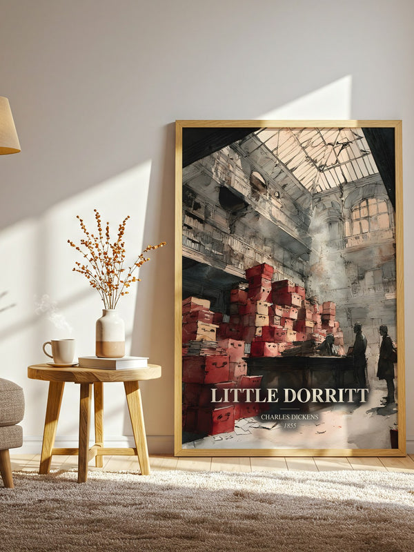 Little Dorritt watercolour print in frame leaning in hallway – classic literature wall art