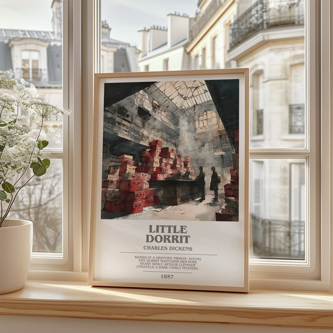 Little Dorrit Bookish Wall Art by Charles Dickens – framed print by a bright window