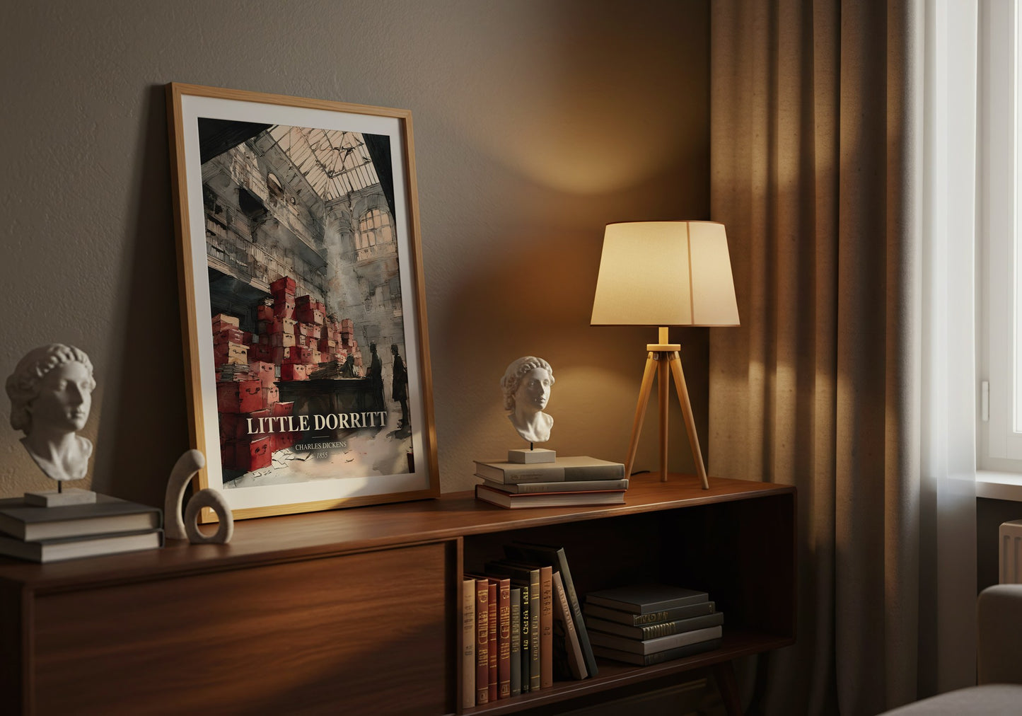 Little Dorritt watercolour print on bookshelf – Charles Dickens fan gift