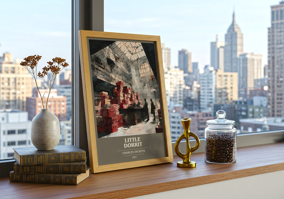 Little Dorrit Book Cover Poster by Charles Dickens – framed print on a city-view windowsill