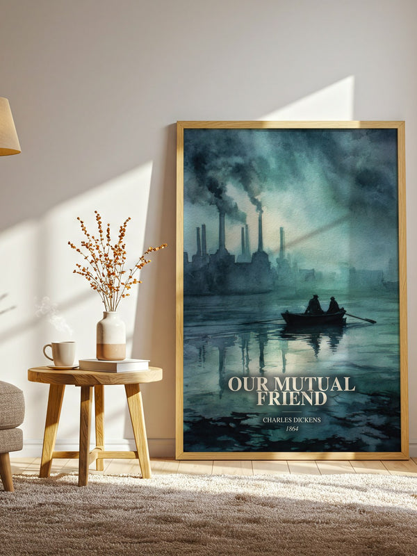 Our Mutual Friend watercolour print in frame leaning in hallway – classic literature wall art