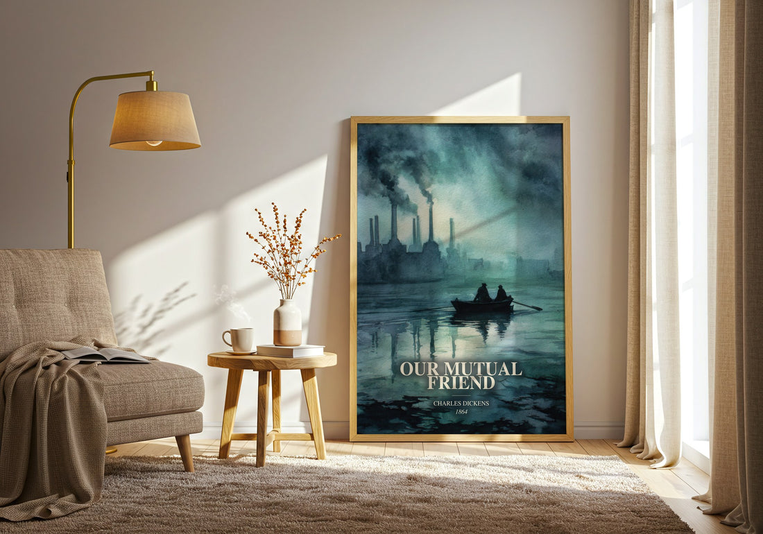 Our Mutual Friend watercolour print in frame leaning in hallway – classic literature wall art (mockup)