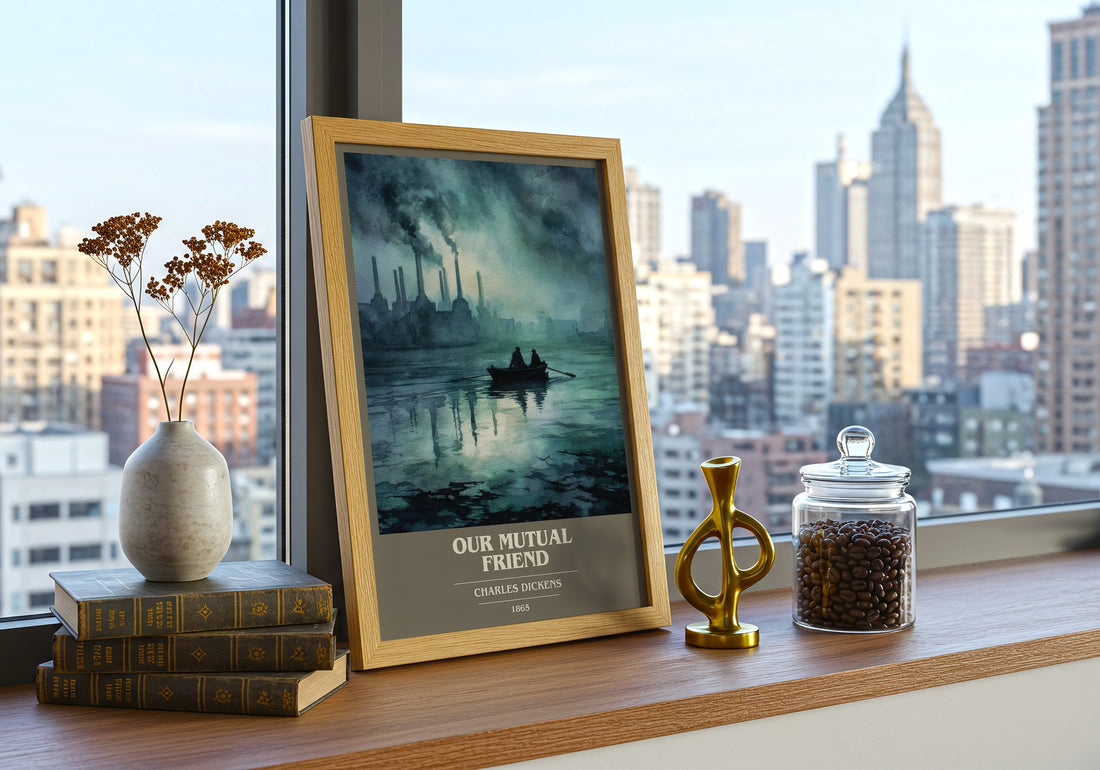 Our Mutual Friend Book Cover Poster by Charles Dickens – framed print on a city-view windowsill