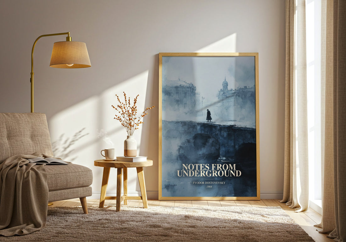 Notes From Underground watercolour print in frame leaning in hallway – philosophy wall art (mockup)