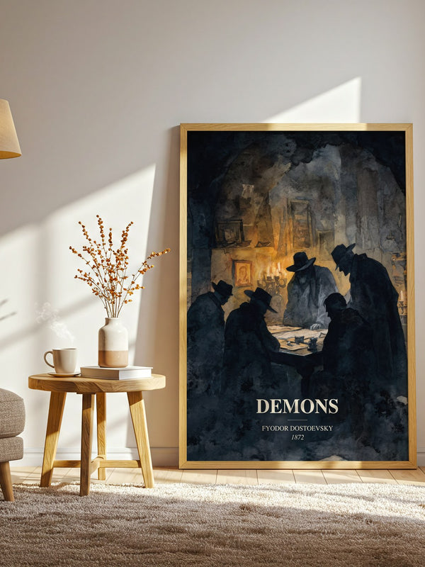 Demons watercolour print in frame leaning in hallway – classic literature wall art