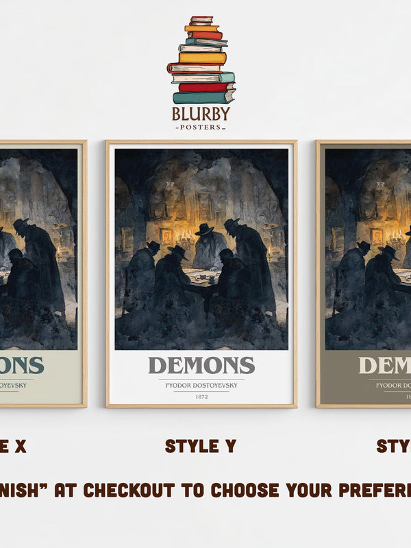 Demons book cover print in frame leaning in hallway – classic literature wall art