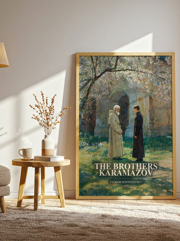 The Brothers Karamazov watercolour print in frame leaning in hallway – classic literature wall art