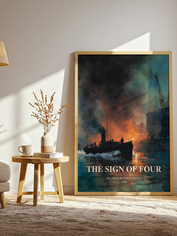 The Sign Of Four watercolour print in frame leaning in hallway – mystery wall art