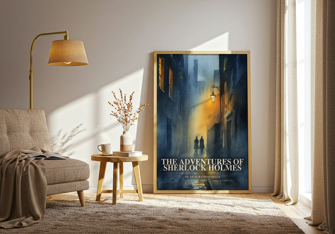 The Adventures Of Sherlock Holmes watercolour print in frame leaning in hallway – mystery wall art (mockup)