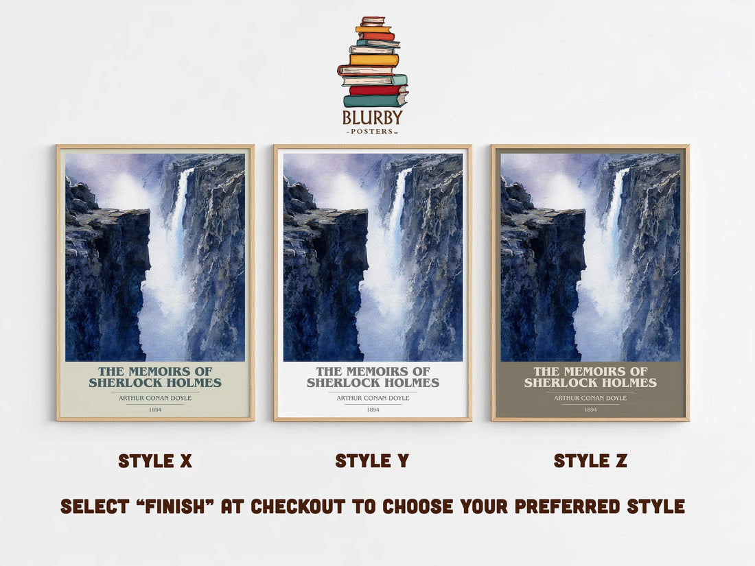 The Memoirs of Sherlock Holmes book cover print in frame leaning in hallway – mystery wall art (mockup)