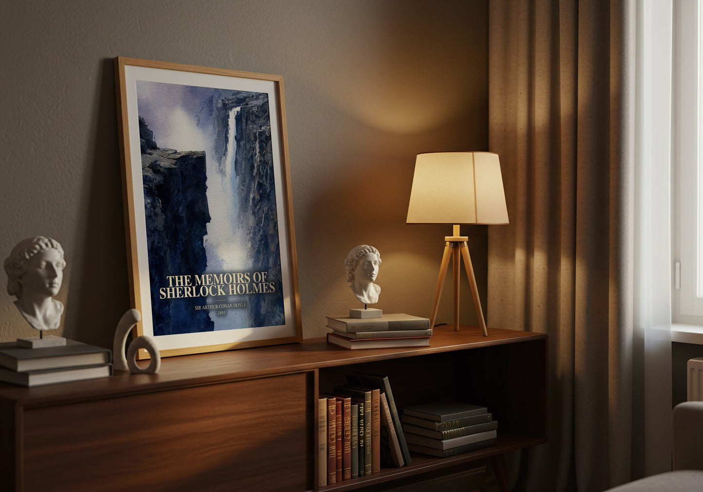 The Memoirs Of Sherlock Holmes watercolour print on bookshelf – Sir Arthur Conan Doyle fan gift