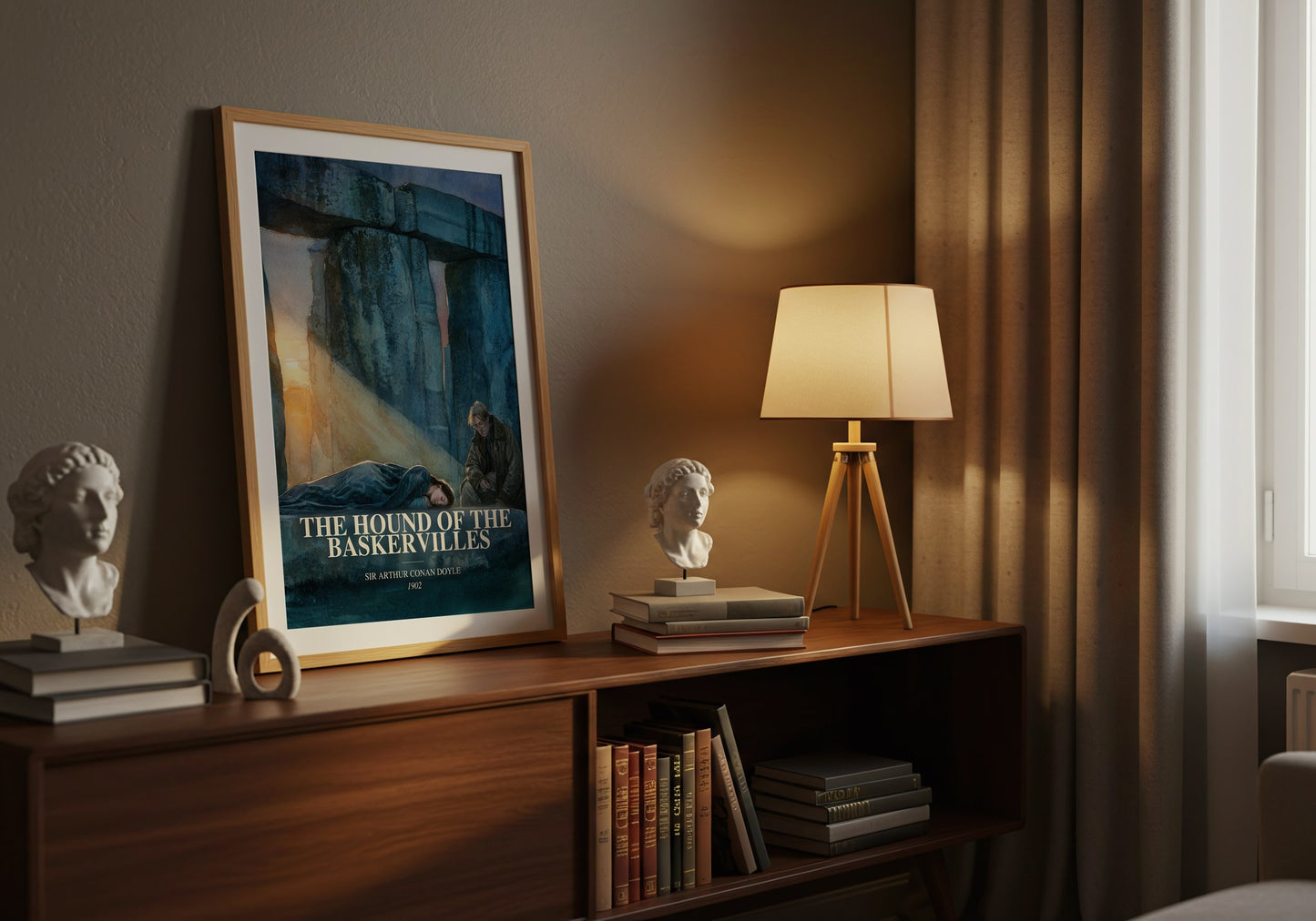 The Hound Of The Baskervilles watercolour print on bookshelf – Sir Arthur Conan Doyle fan gift