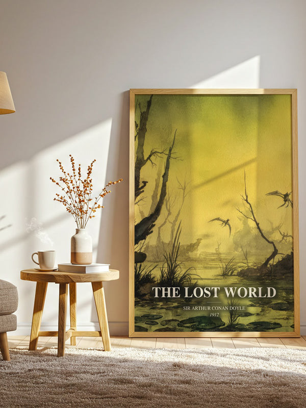 The Lost World watercolour print in frame leaning in hallway – adventure wall art