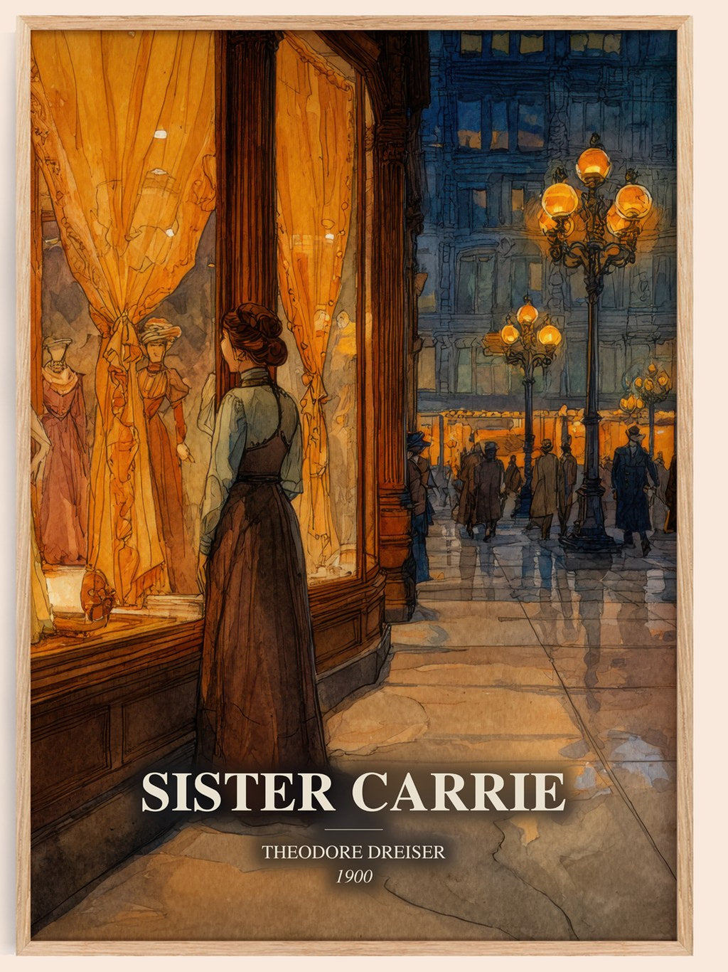 Sister Carrie watercolour book poster by Theodore Dreiser – framed literary art print