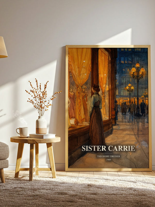 Sister Carrie watercolour print in frame leaning in hallway – literary fiction wall art