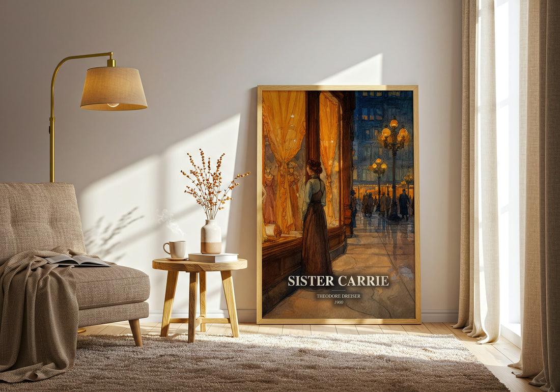 Sister Carrie watercolour print in frame leaning in hallway – literary fiction wall art (mockup)