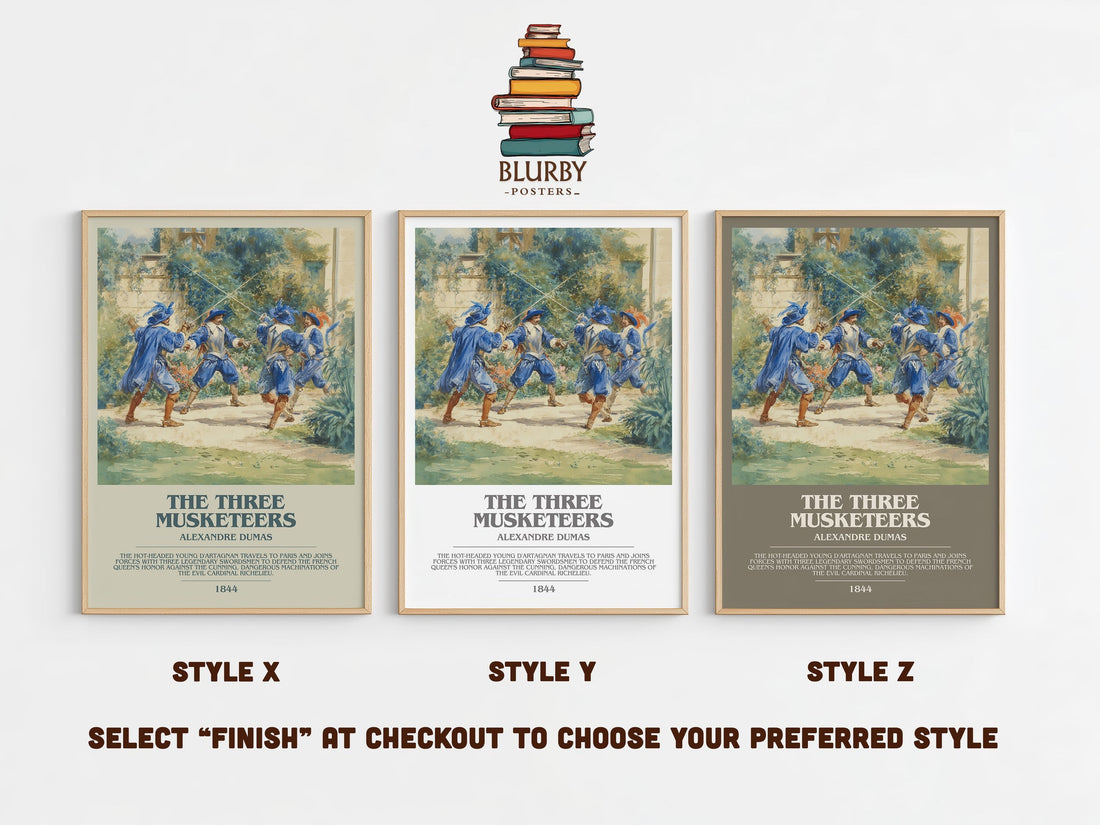 The Three Musketeers bookish print in frame leaning in hallway – adventure wall art (mockup)