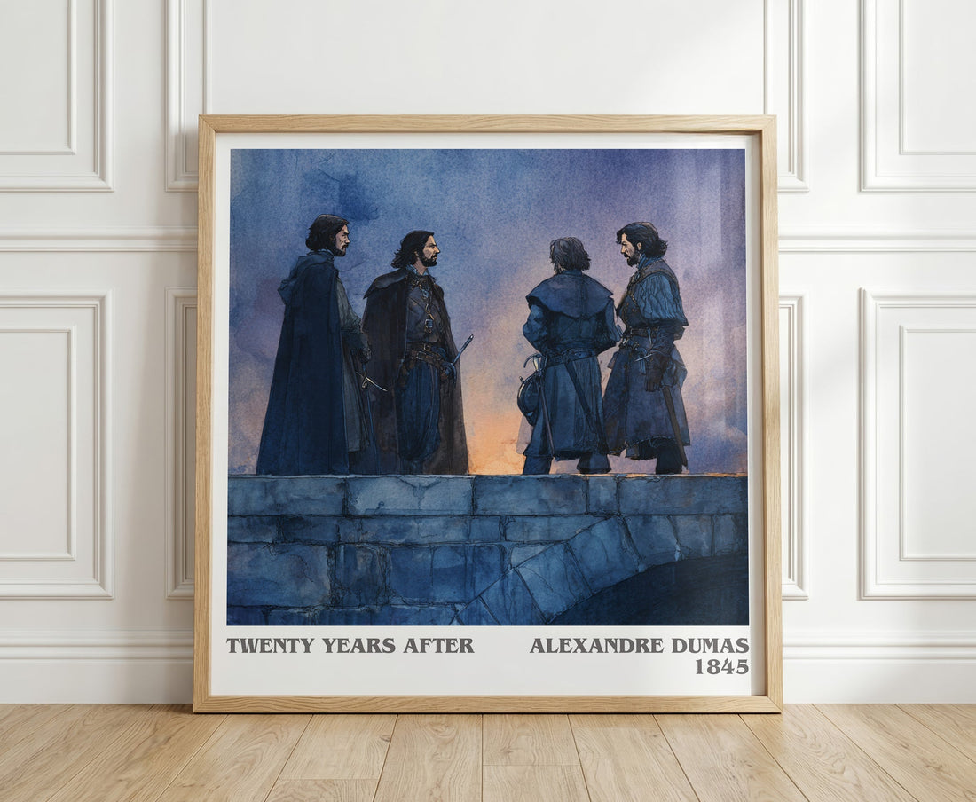 Twenty Years After literary print in frame leaning in hallway – adventure wall art (mockup)