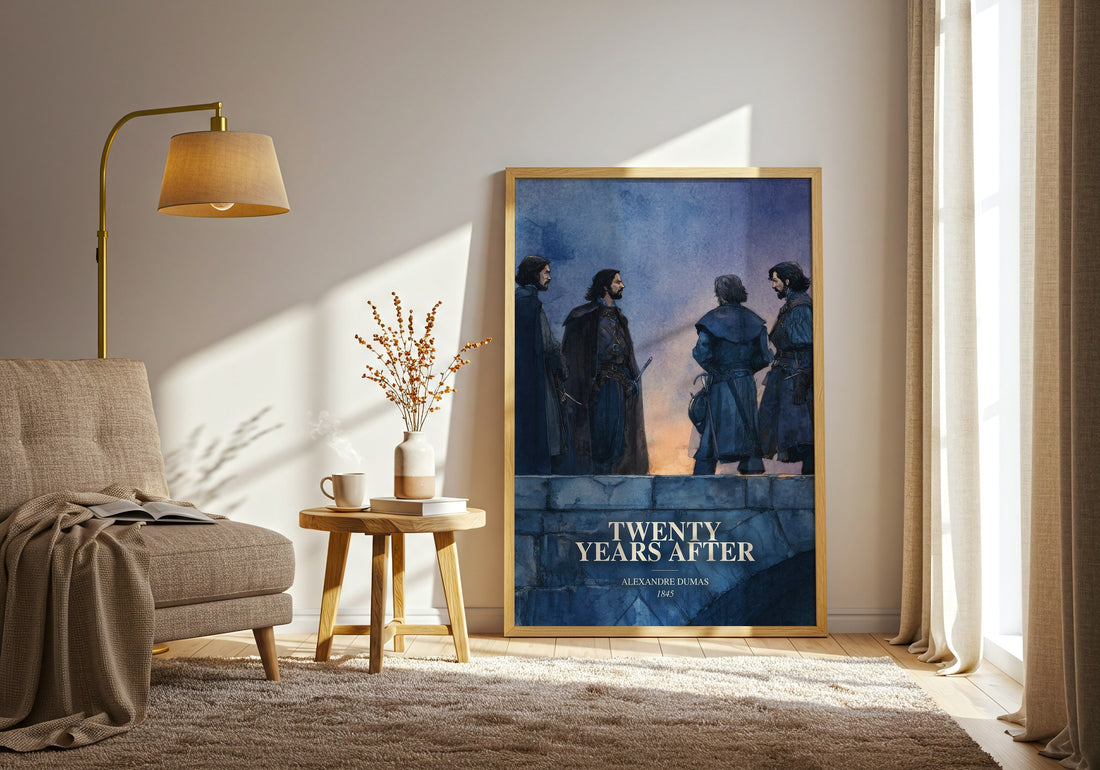Twenty Years After watercolour print in frame leaning in hallway – historical fiction wall art (mockup)