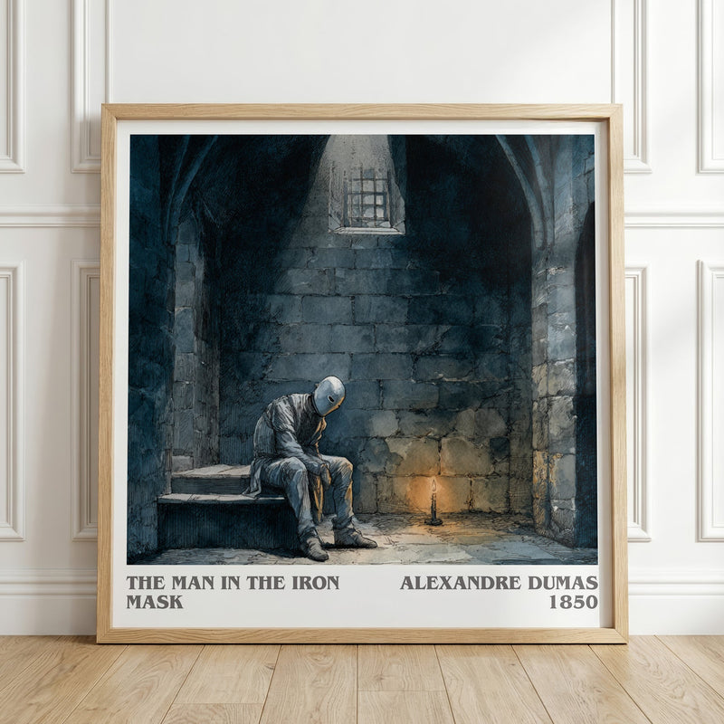 The Man in the Iron Mask literary print in frame leaning in hallway – historical fiction wall art